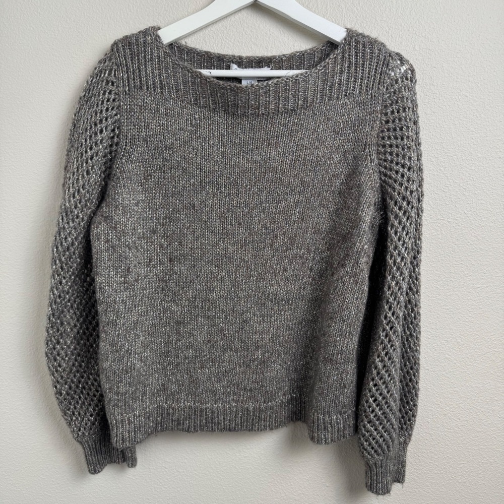 Tommy Bahama Sweater L Large Boho Gray Metallic Wool Open Knit Mesh Sleeve